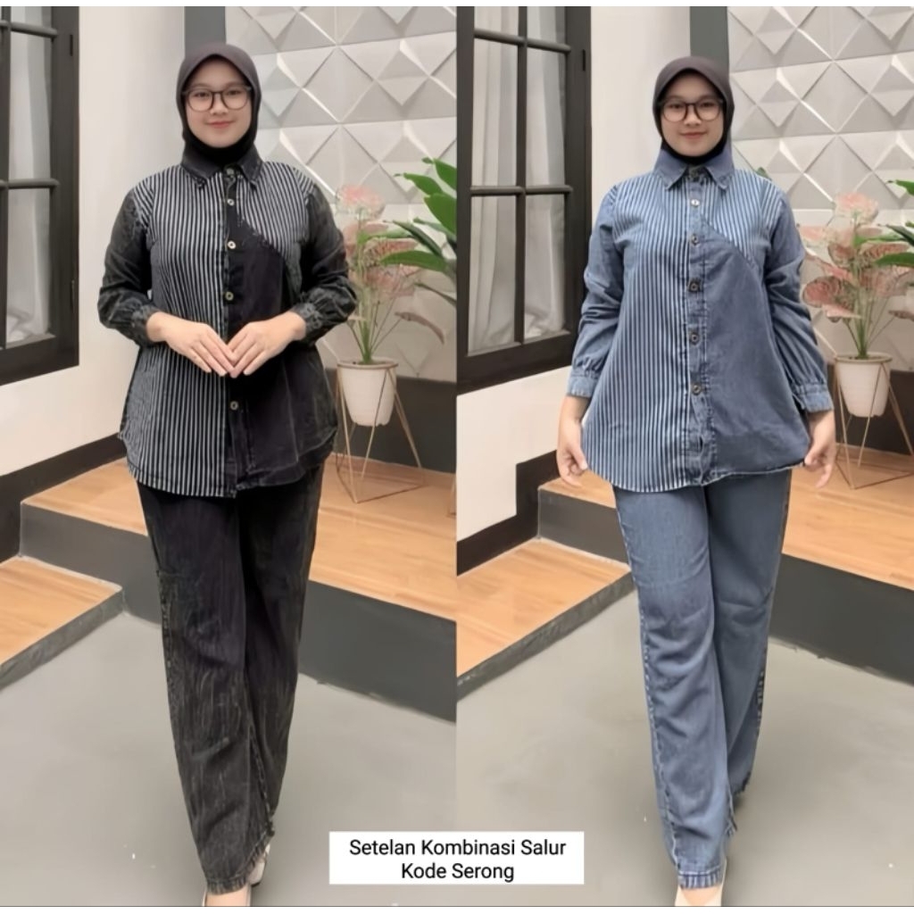 SETELAN JEANS KOMBI SALUR KODE SETONG SETELAN CELANA JEANS KOMBI KOMBED IMPORT SET CELANA ROM POLKA 