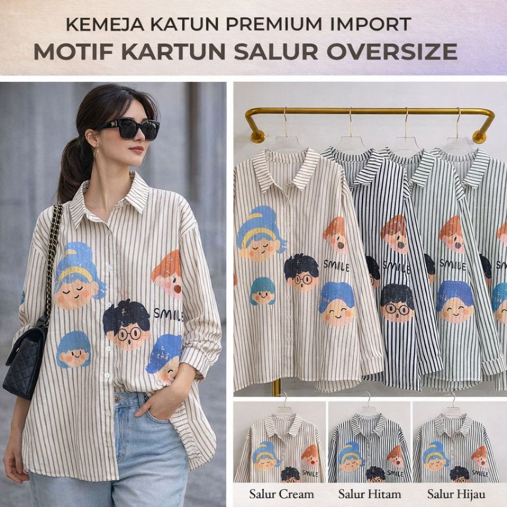 Kemeja Wanita Katun Premium Import Motif Kartun Salur | Atasan Cewek Lengan Panjang Jumbo LD 120