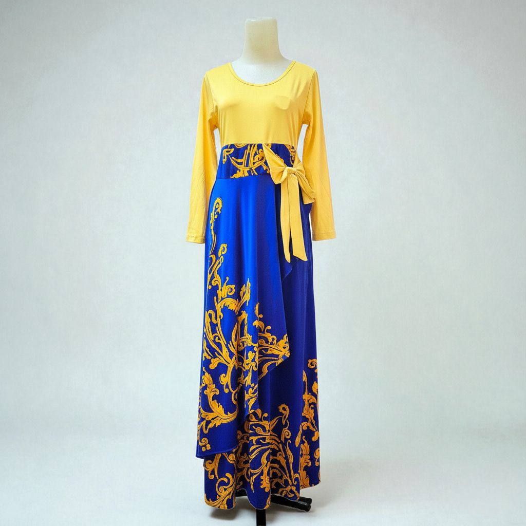 Gamis Wanita Maxi Dress Two-Tone Kuning Biru Elektrik Motif Etnik_Elastis