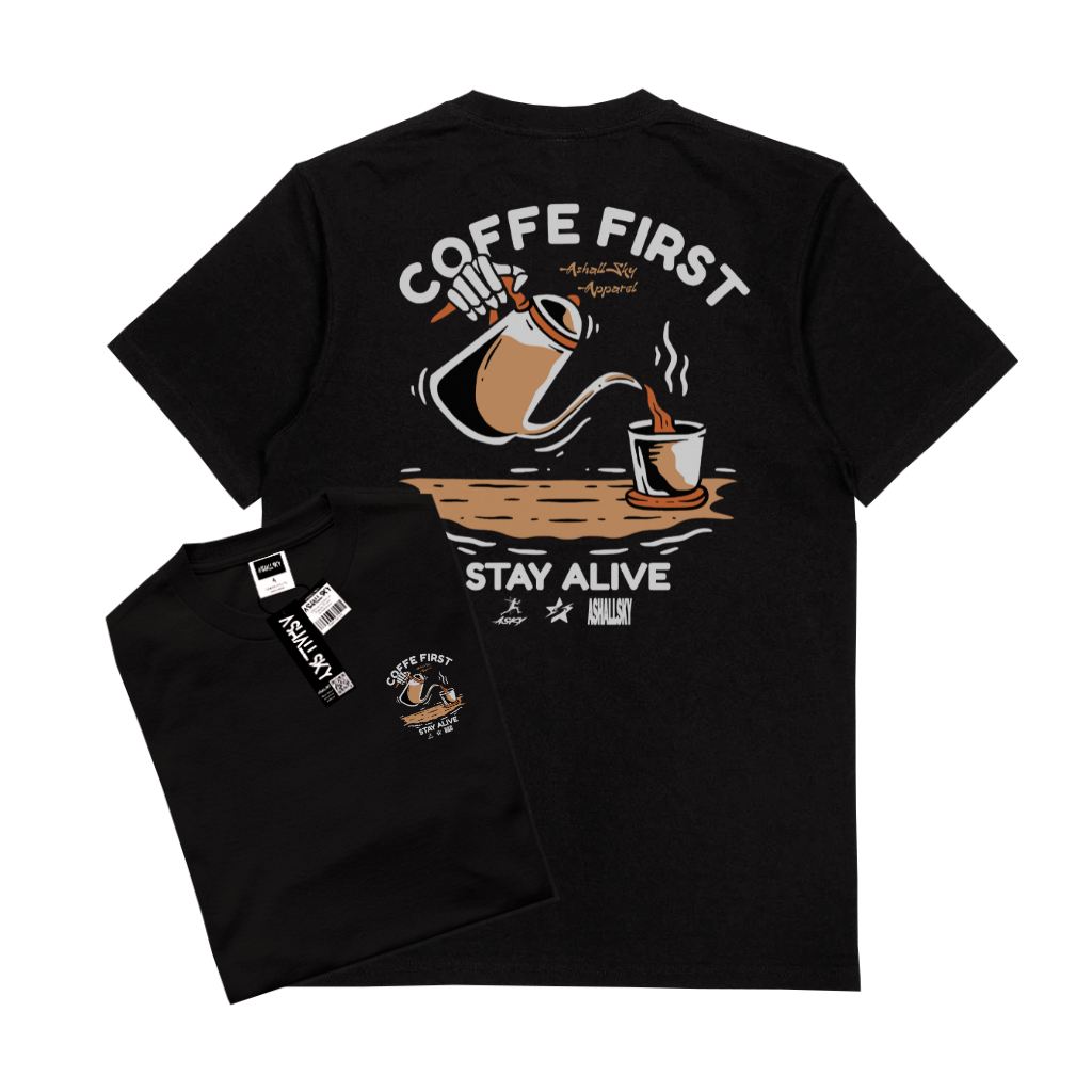 Ashall.sky Baju Kaos Distro Warna Hitam Pria Wanita Motif Stay Life Coffee Katun Combed 30s