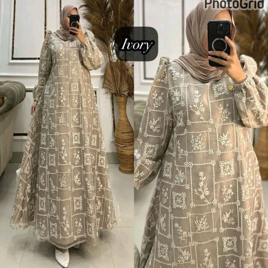 Queenasyari - Jawhara Dress Gamis Mewah Lebaran 2026 Bahan Paper Silk Organza Embroidery Jumbo Ld 11