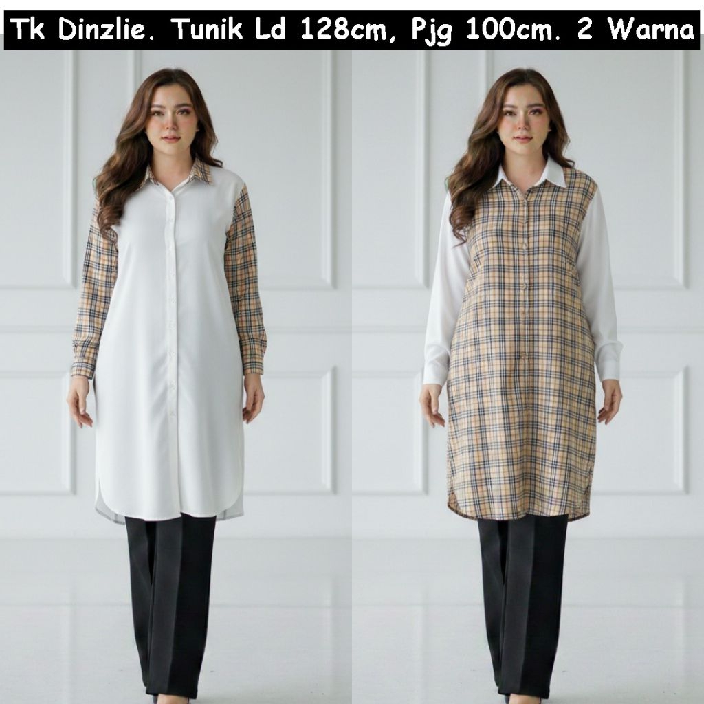 Tunik Wanita Panjang Dinzie | Tunik Kerja Elegan Kombinasi Polos & Motif | LD 128