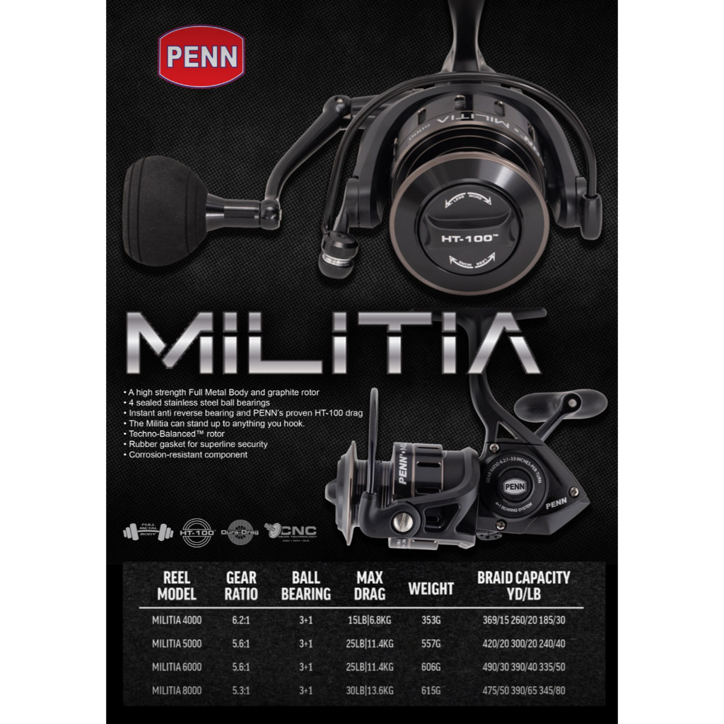 REEL PENN MILITIA 4000-8000 Original Spinning Reel Full Metal HT-100 Drag System