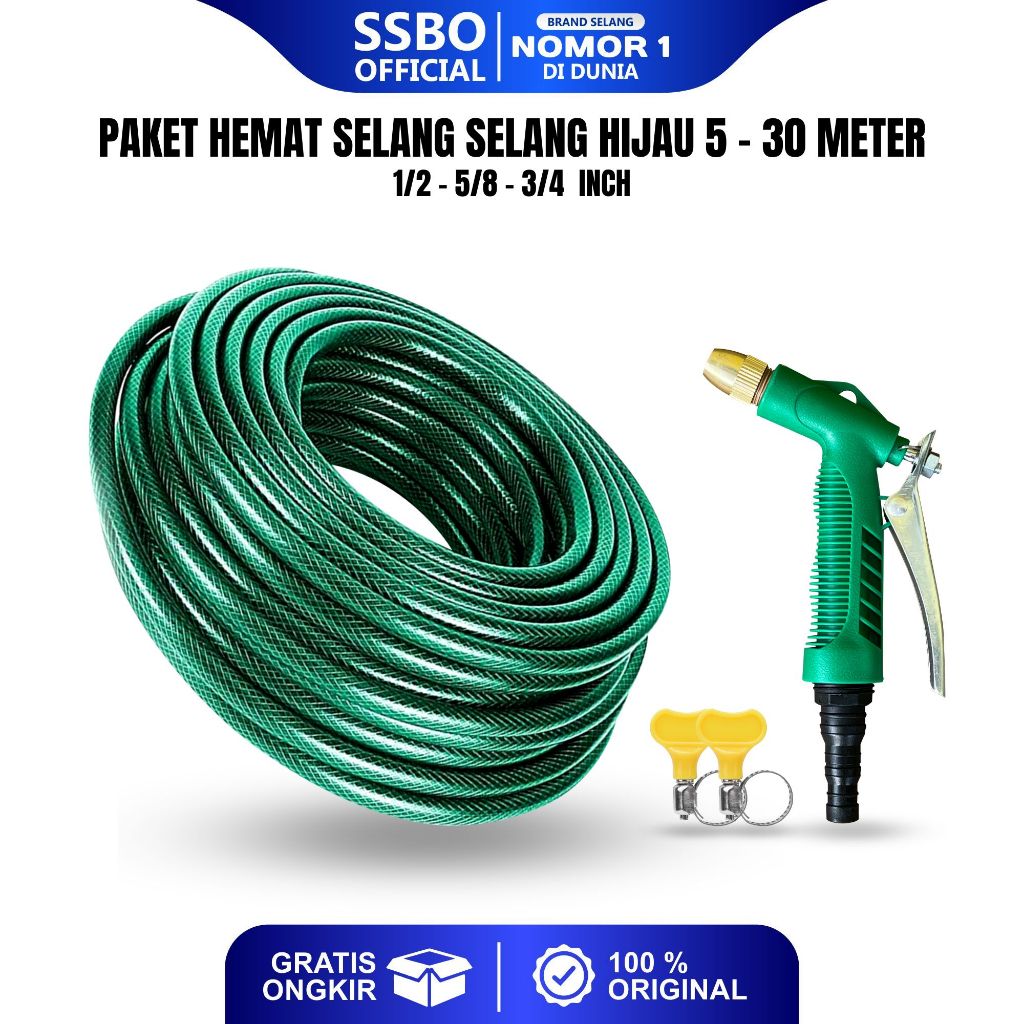 SSBO Sepaket Semprotan Selang Air 10-30 Meter Hijau Anti Lumut Jet Spray Taman Cuci Motor Mobil COD