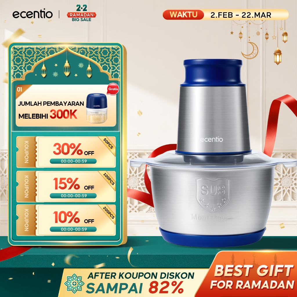 ecentio food chopper stainless coper daging dan bumbu 2L food processor 6 Mata Pisau blender 250W pe