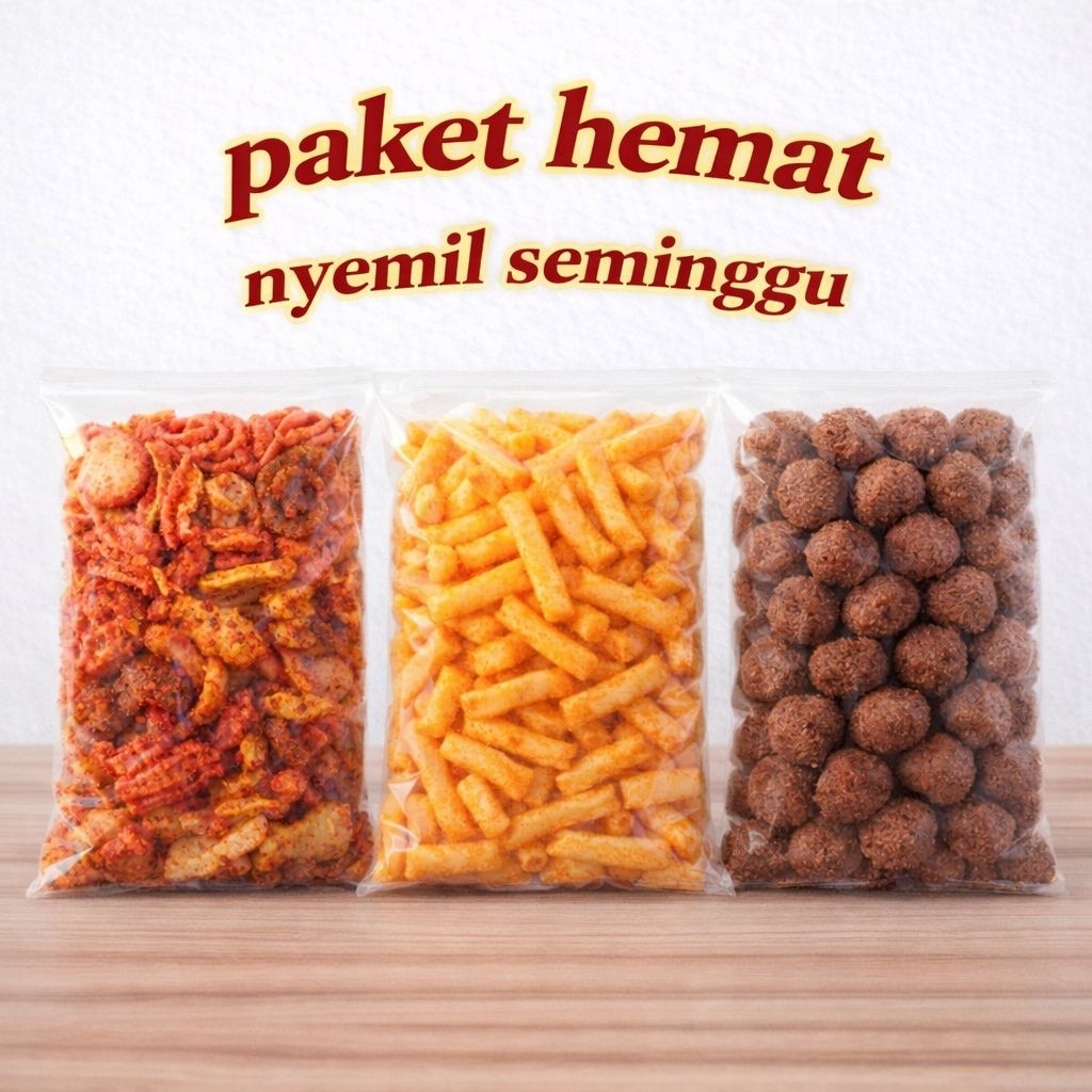 Paket hemat nyemil seminggu pilih 3 varian suka-suka Aneka Snack Pedas Asin Manis Gurih - Jajan Cami