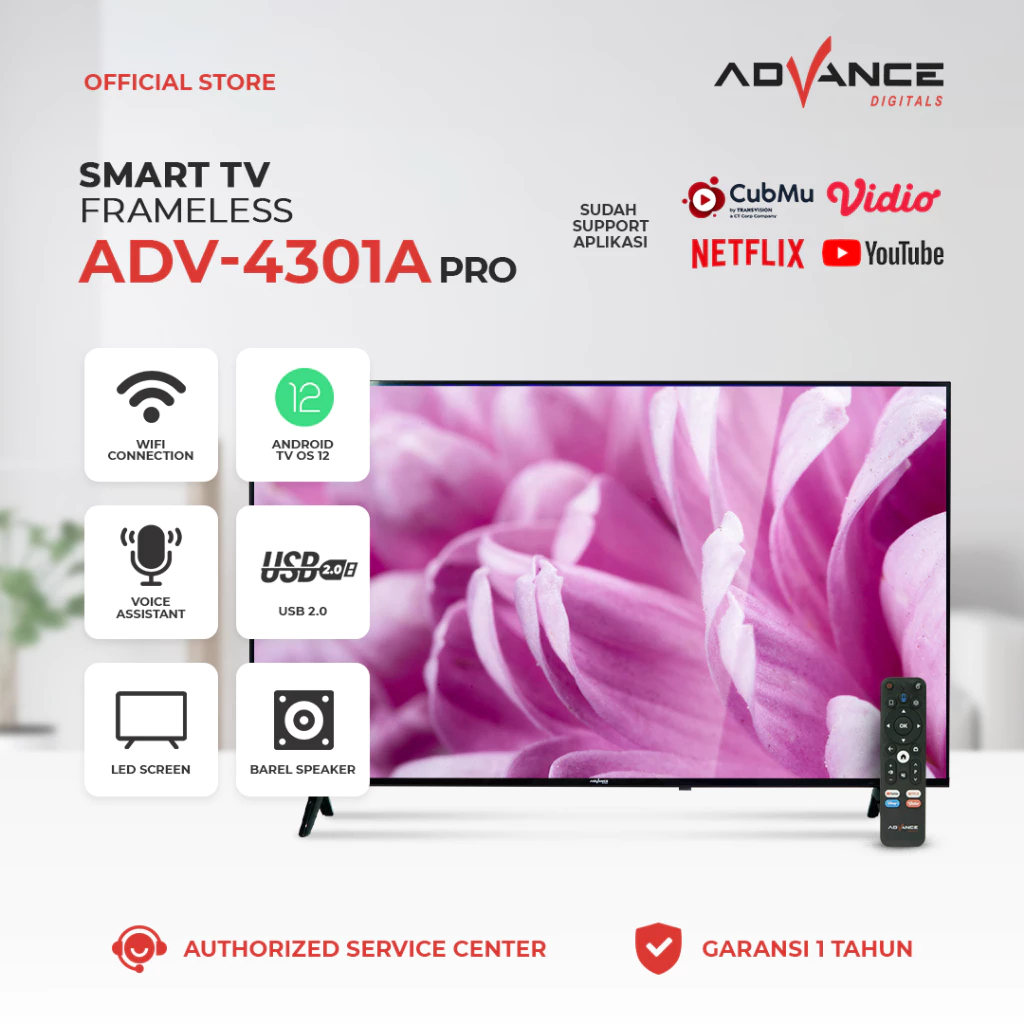 Advance ADV-4301A PRO Smart Televisi Frameless - Android TV 12 HD Panel LG Tanpa STB DV3 T2/C Wifi/H