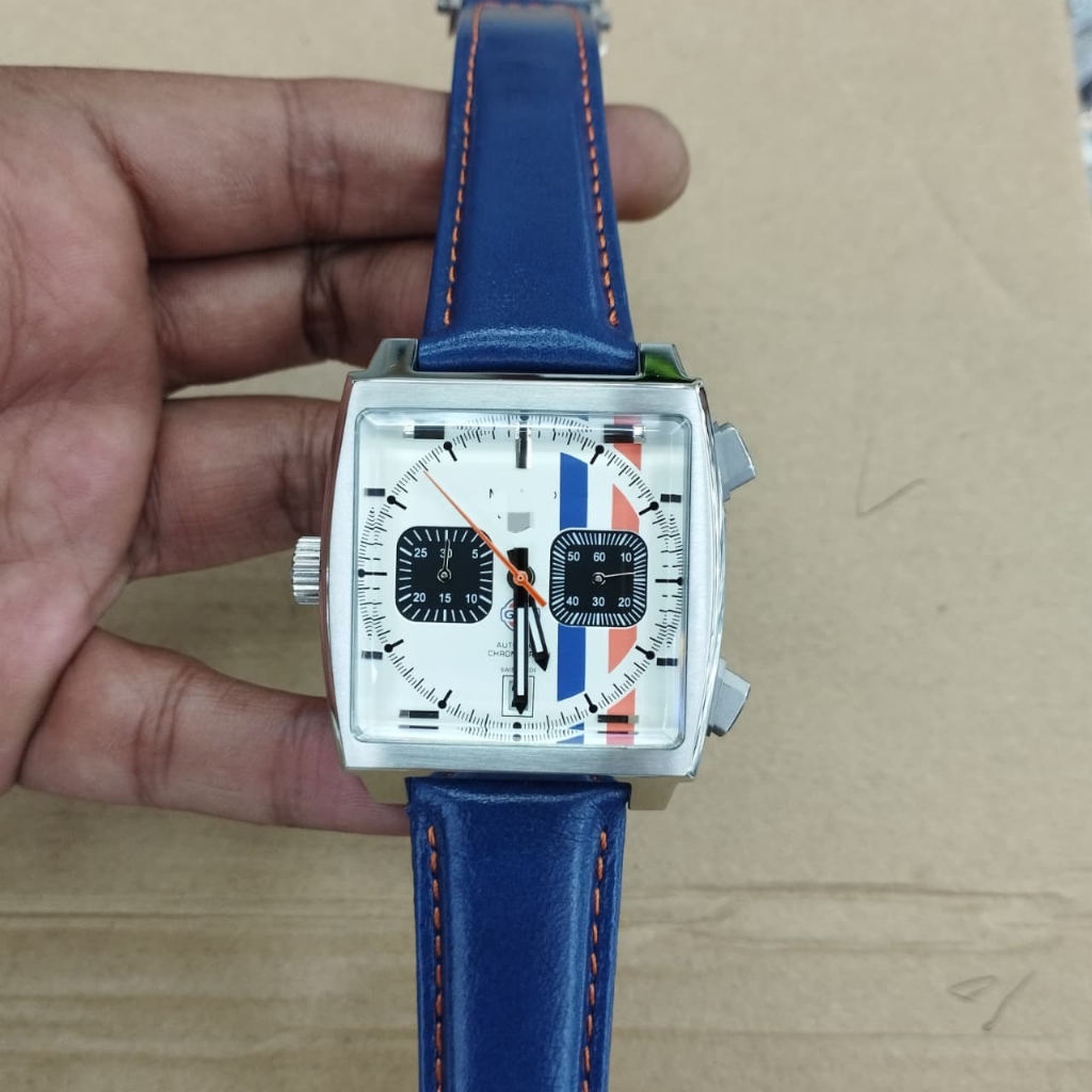 jam tangan pria model kotak Monaco Chronograph x Gulf blue 39MM body swiss quartz best quality