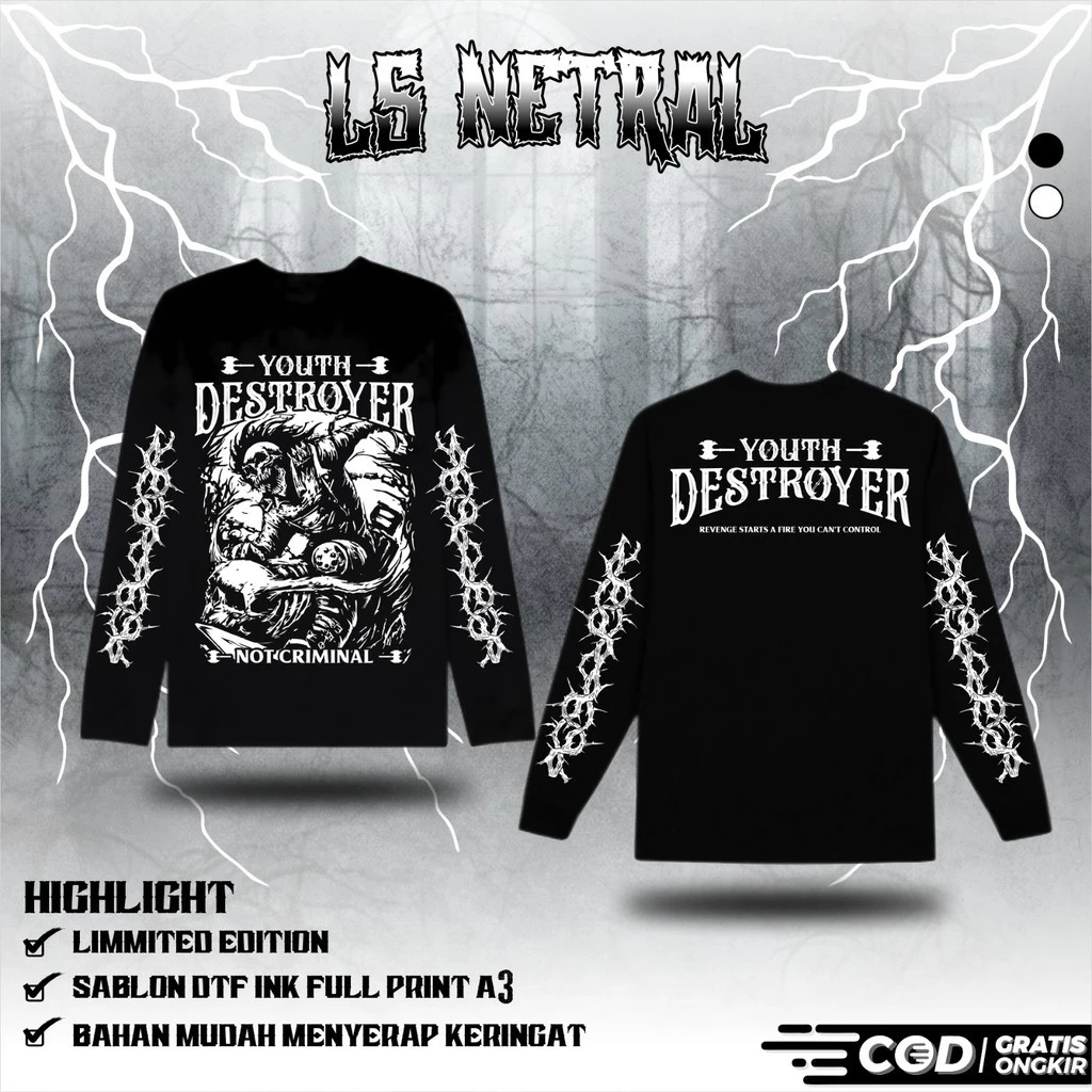 Ready Kaos Netral Youth Destroyer Hitam Lengan Panjang T-Shirt Distro Longsleeve Premium Unisex
