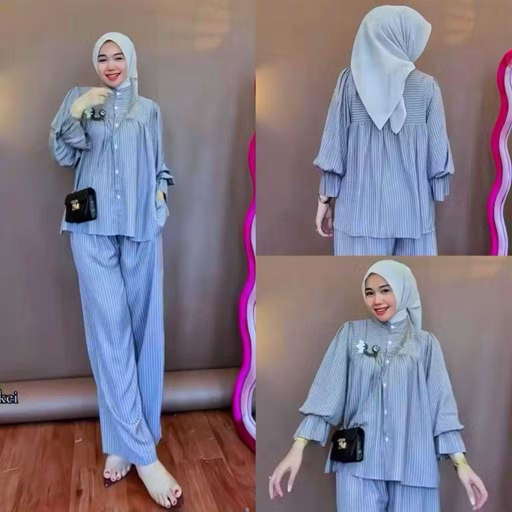 SETELAN WANITA RAYON MOTIF SALUR,SETELAN SALUR,SETELAN WANITA FORMAL,ONESET SALUR KANCING