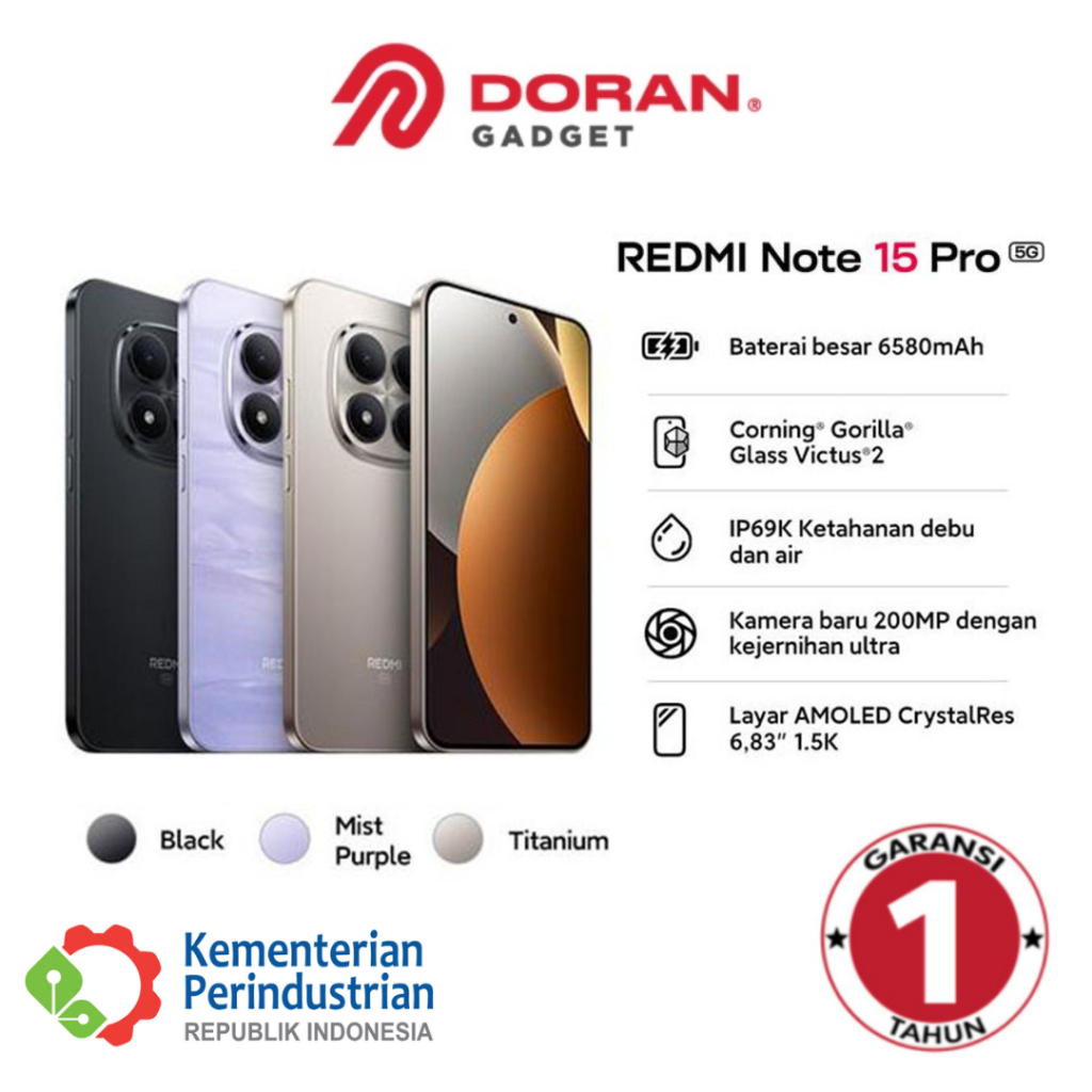 Xiaomi Redmi Note 15 Pro 5G 8/256GB 12/512GB Baterai besar 6580mAh  Corning Gorilla Glass Victus 2 -