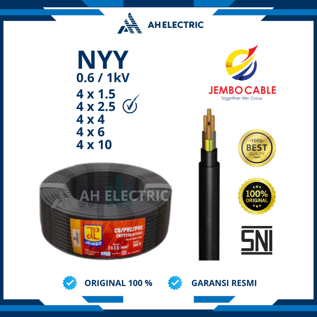 Jembo Kabel Tunggal NYY 4x2.5 mm / 4 x 2.5 mm / 4x2,5 mm / 4 x 2,5 mm | 1 Roll 50 Meter / 100 Meter