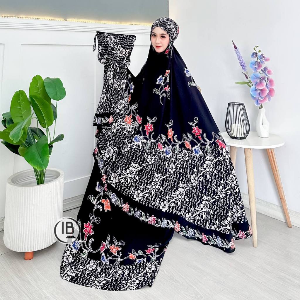 Mukena Rayon Tebal Hitam Motif Bunga Batik Premium