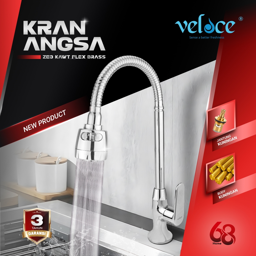 VELOCE Keran Dapur Fleksibel | Kran Cuci Piring Angsa 3071 Jantung Kuningan