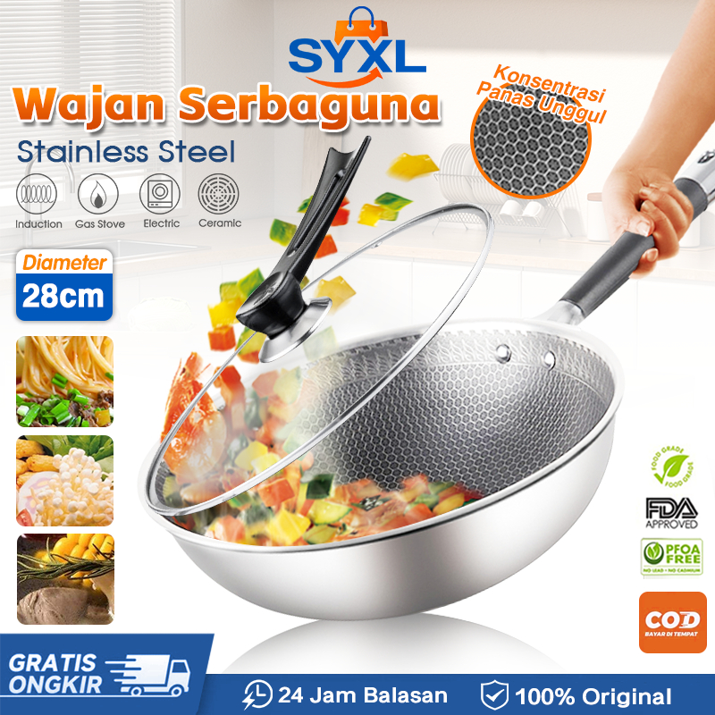 Wajan Masak Penggorengan Anti Lengket Tebal Teflon Gagang Merah Panjang Tahan Panas Stainless Steel