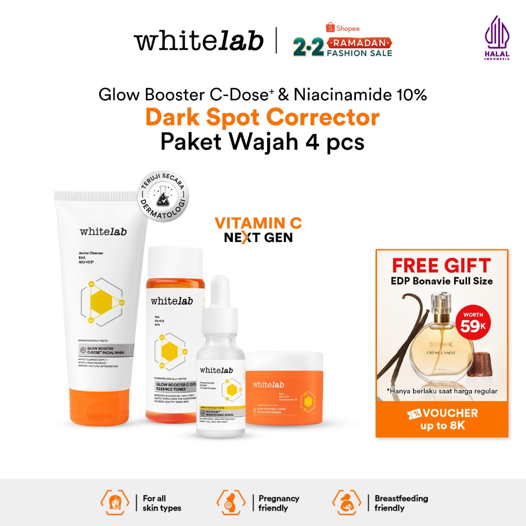 Whitelab 4 pcs Glow Booster C-Dose+ Brightening Paket Wajah - Facial Wash, Toner, Serum, with Moistu