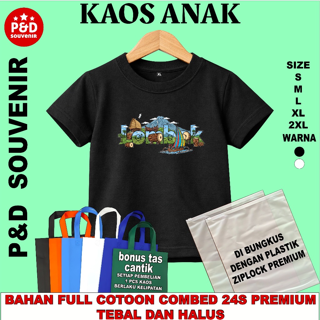 KAOS ANAK SOUVENIR OLEH OLEH LOMBOK GILI TRAWANGAN (A) WARNA HITAM BAHAN COTTON COMBED 24S TEBAL DAN
