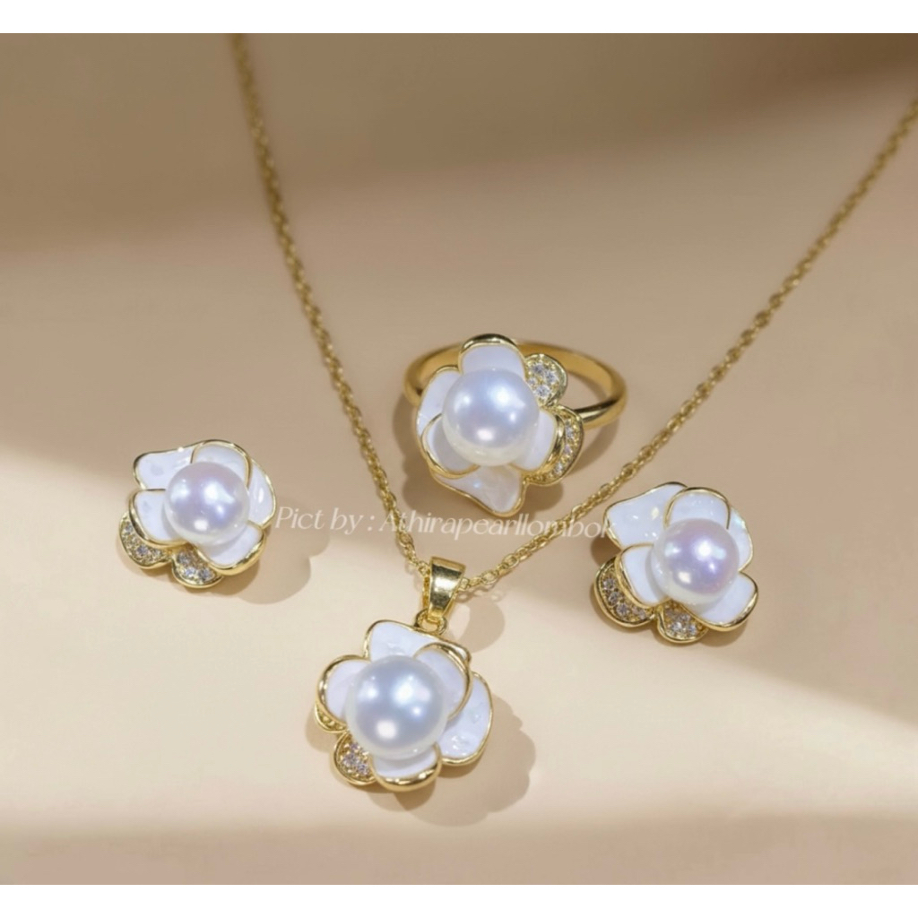 Set lapis emas mutiara lombok asli bersertifikat Mutiara asli bersertifikat Aksesoris fashion mutiar