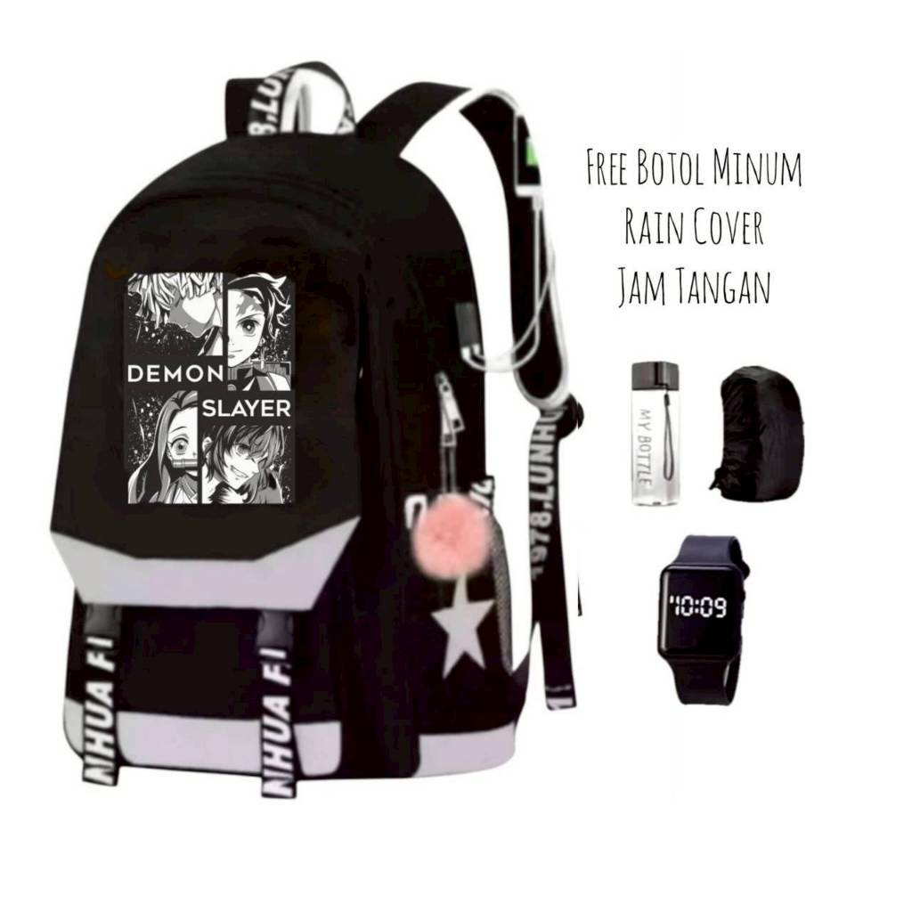Tas Ransel Anak Laki-Laki Canvas Anime Demon Slayer Multifungsi Tas Sekolah Bonus Botol Minum