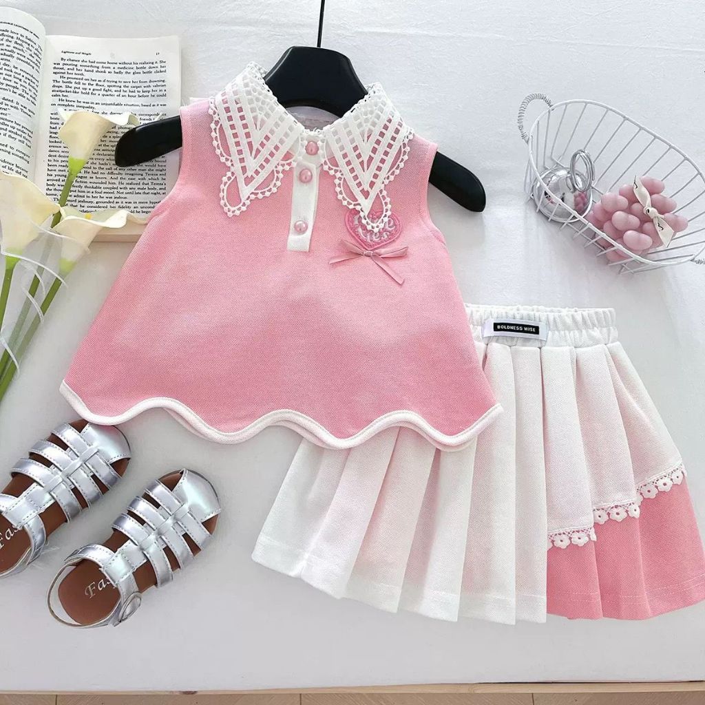 [KIDSFASHIONKOLEKSI] 2083 Setelan Giselle Luxury Lace & Rok Plisket Flare Soft Pink White Anak Perem