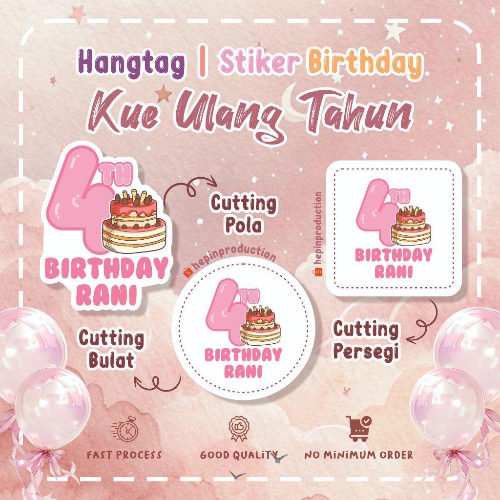 (30pcs) cetak Hang tag - stiker ulang tahun karakter KUE ULANG TAHUN lucu custom