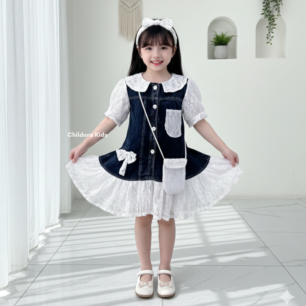 Dress Jeans Arabella Lengan Brokat Anak Free Tas Usia 3-10 Tahun / Dress Jeans Terbaru Anak Kekinian