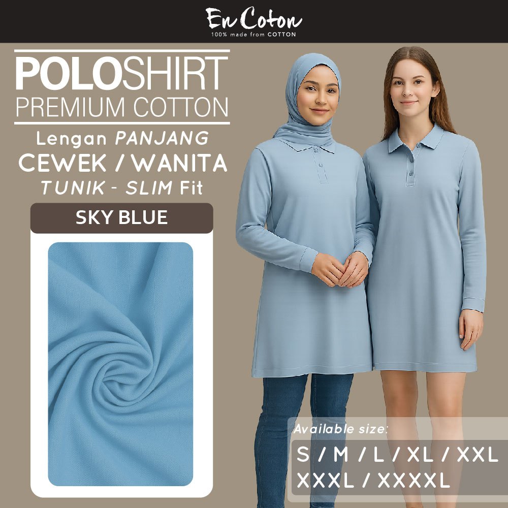 ENCOTON Kaos Kerah Polo Dress Tunik Terusan Wanita Cewek SKY BLUE Tangan Lengan Panjang