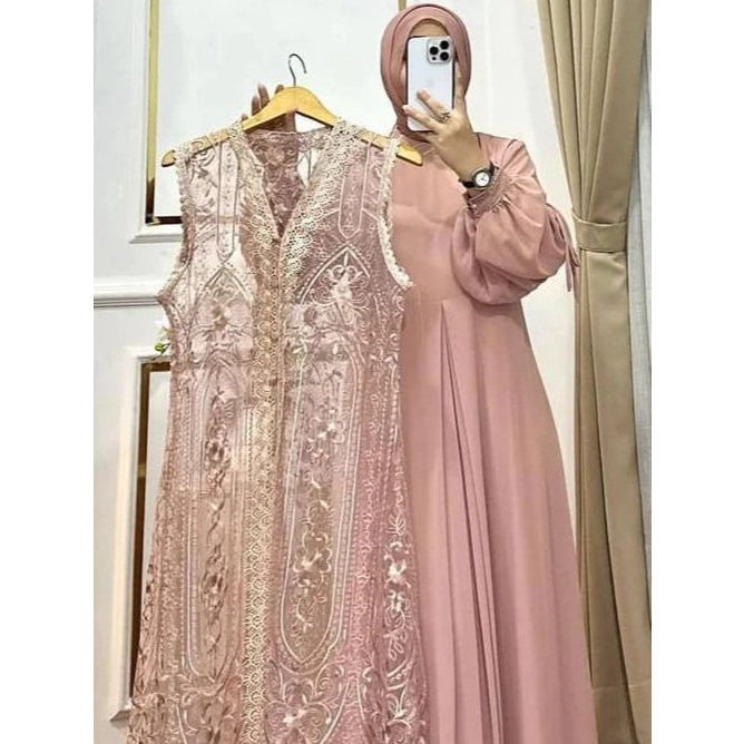 DRESS NAURA MIX OUTER BRUKAT INNER SET PREMIUM TERBARU