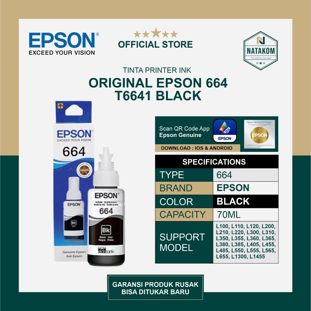 TINTA ORIGINAL EPSON 664 BLACK / HITAM L100 L110 L120 L121 L200 L210 L220 L300 L310 L350 L355 L360 L
