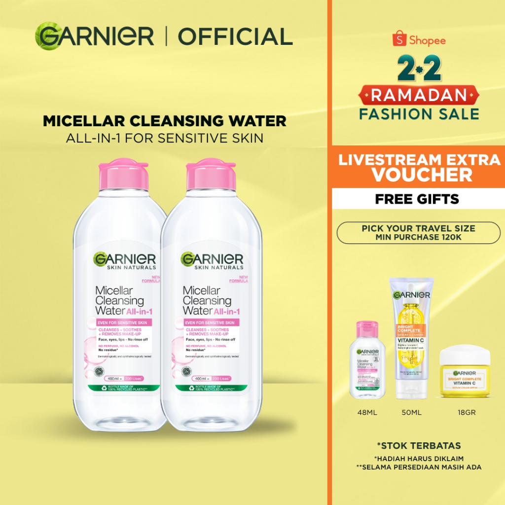 [2.2 HOT SALE] Garnier Micellar Water dan Paket Skincare Komplit - Micellar Water 400ml x2 + Day Nig