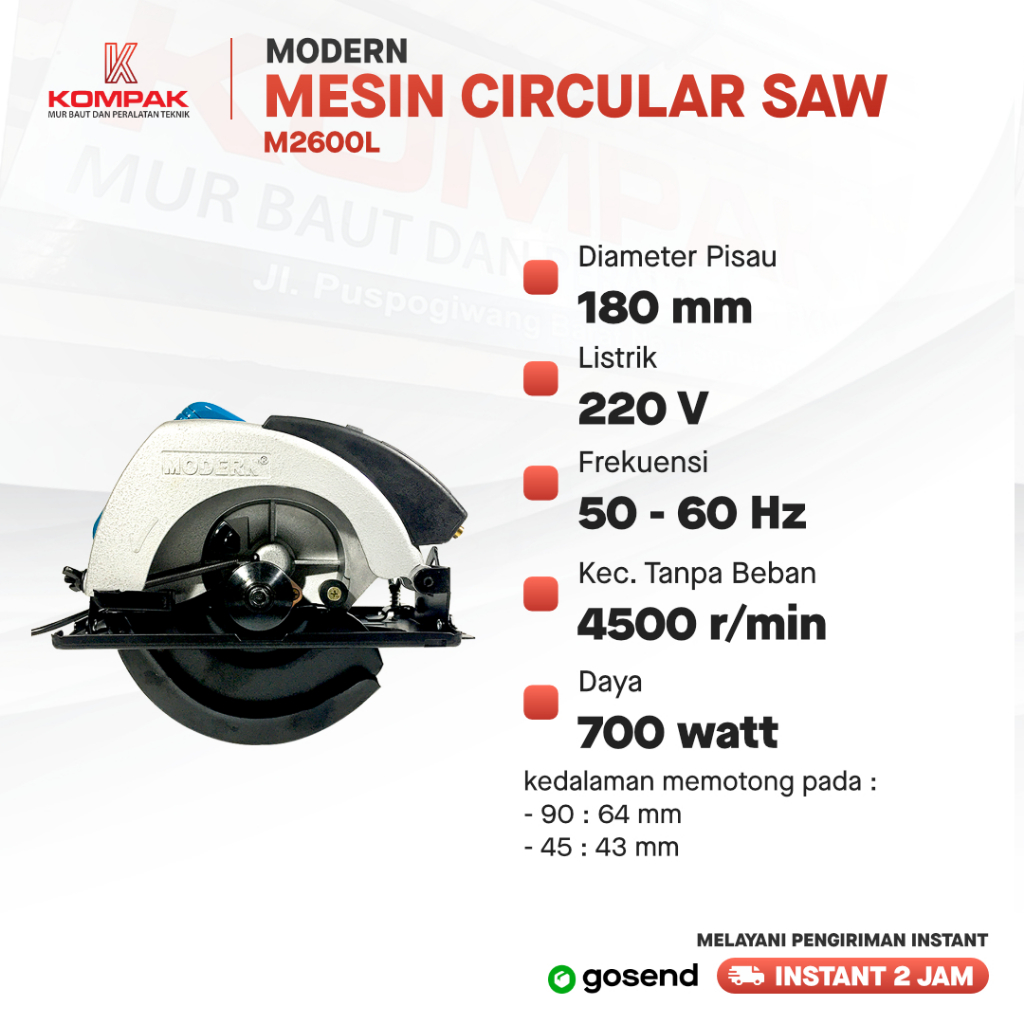 Mesin Circular Saw Modern M2600L 7" Laser Low Watt 700 Alat Gergaji Potong Kayu Meja Duduk
