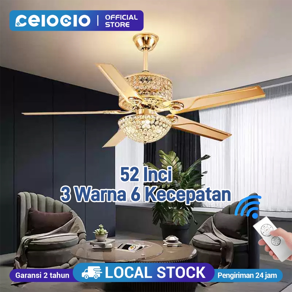 CELOGLO Lampu Kipas Angin Gantung Plafon Kristal Mewah 3Warna 52 inci 6Kecepatan Kipas Lampu Gantung