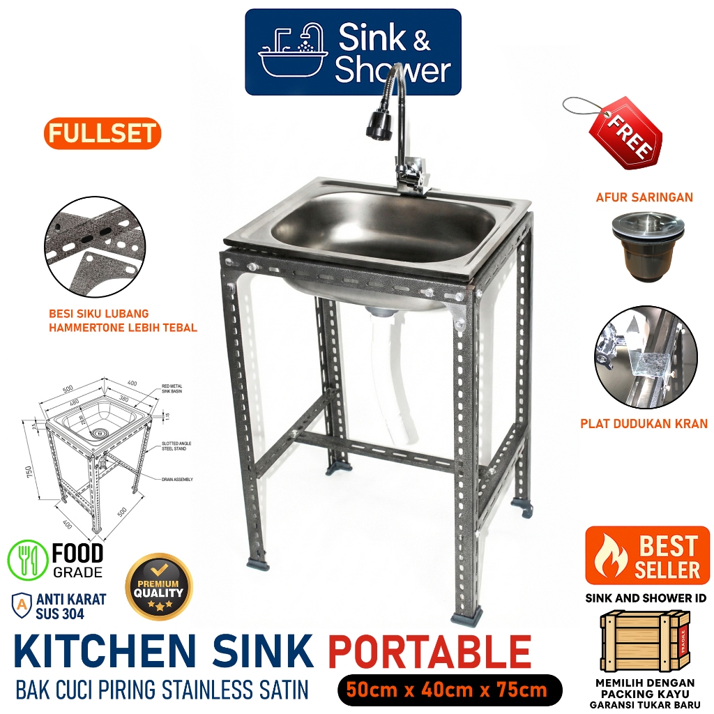 INSTANT ONLY BANDUNG - Wastafel Portable Cuci Piring Stainless Hitam 50x40cm Anti Karat Praktis Outd