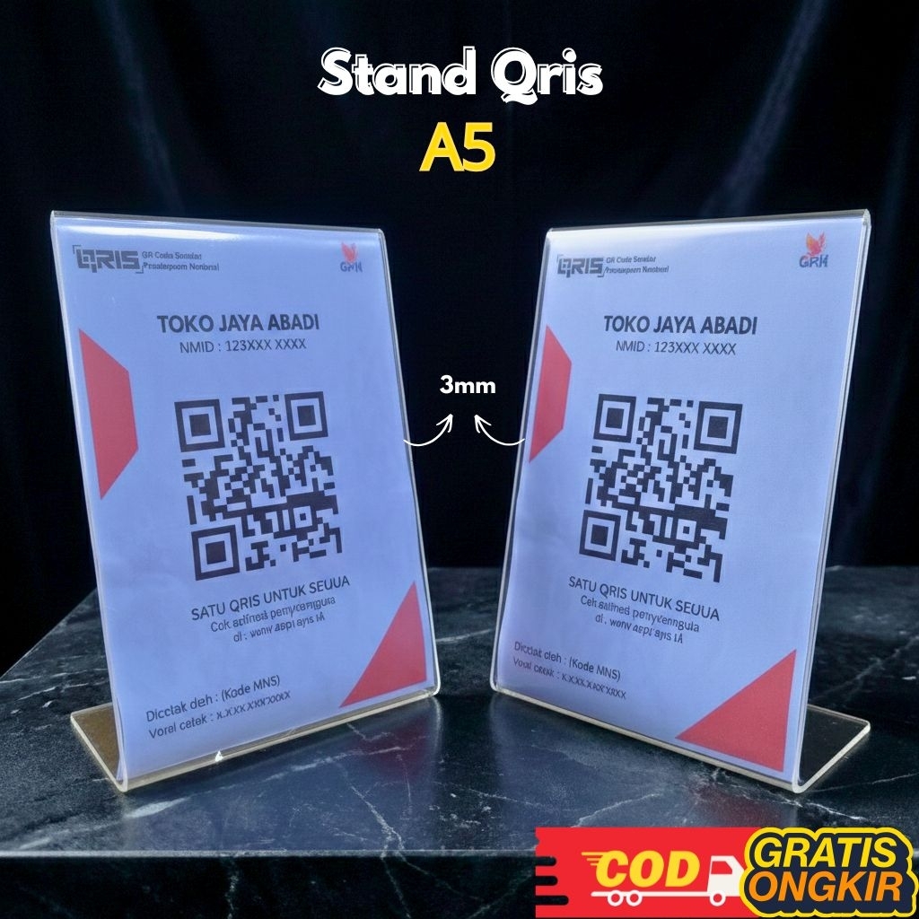 Stand Qris akrilik ukuran A5 ketebalan 3mm