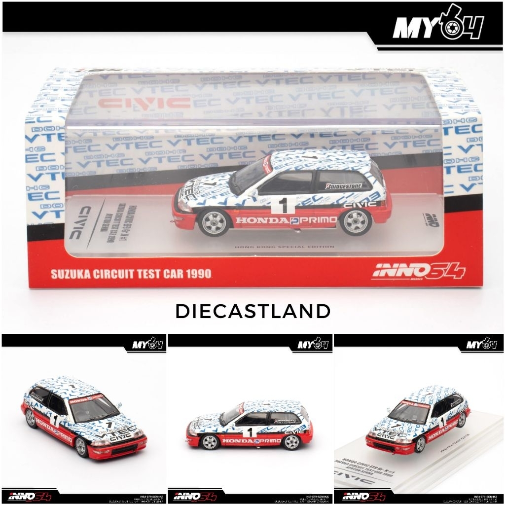INNO64 1/64 Honda Civic EF9 GR.N #1 Suzuka Circuit Test Car 1990 Ayrton Senna IN64-EF9-SENHKS Mobil 