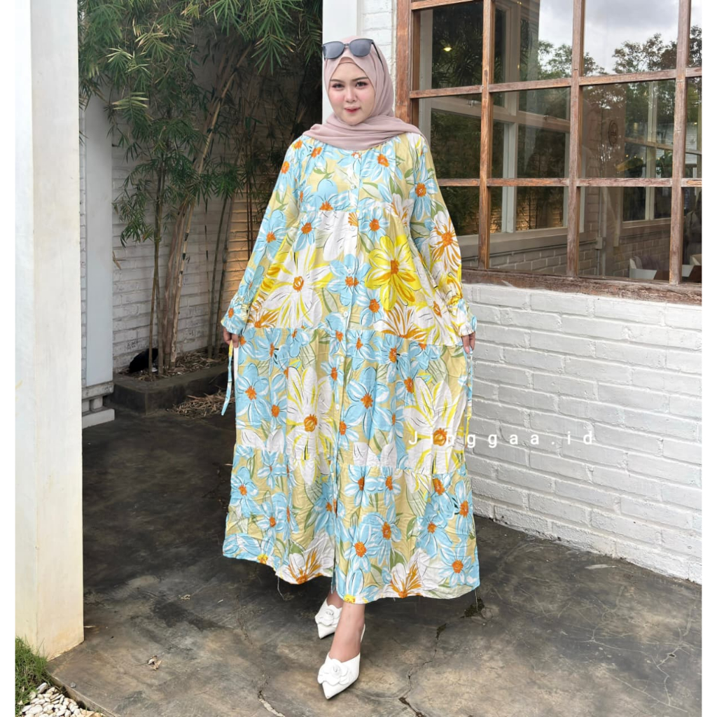 Dress Gamis Rayon Jumbo XXXL LD 130 XXXXL LD 140 Muslim Lengan Balon Busui Bahan Rayon Diamond Premi