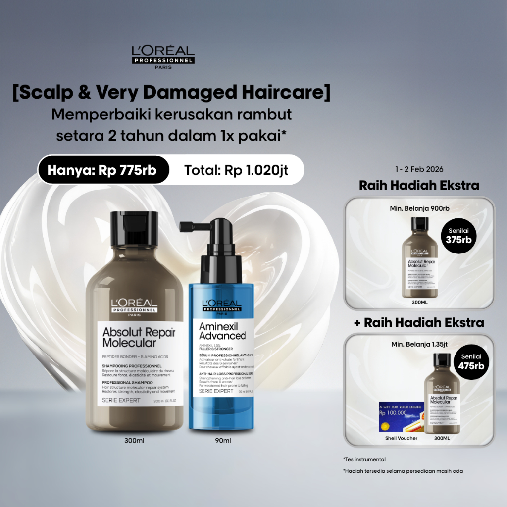 Absolut Repair Molecular Shampoo + Aminexil Serum Rambut Rontok untuk Rambut Kuat & Anti-Rontok by L