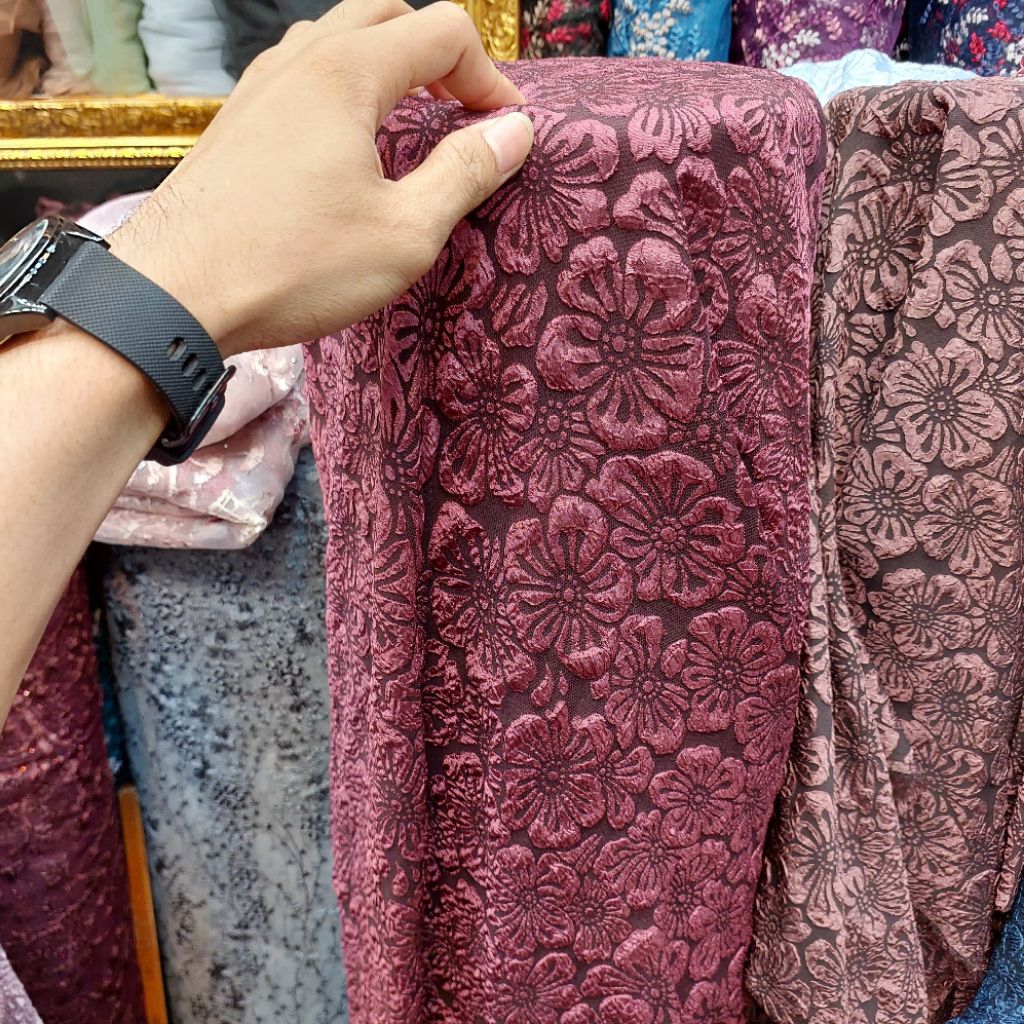 kain jacquard emboss motif bunga Premium
