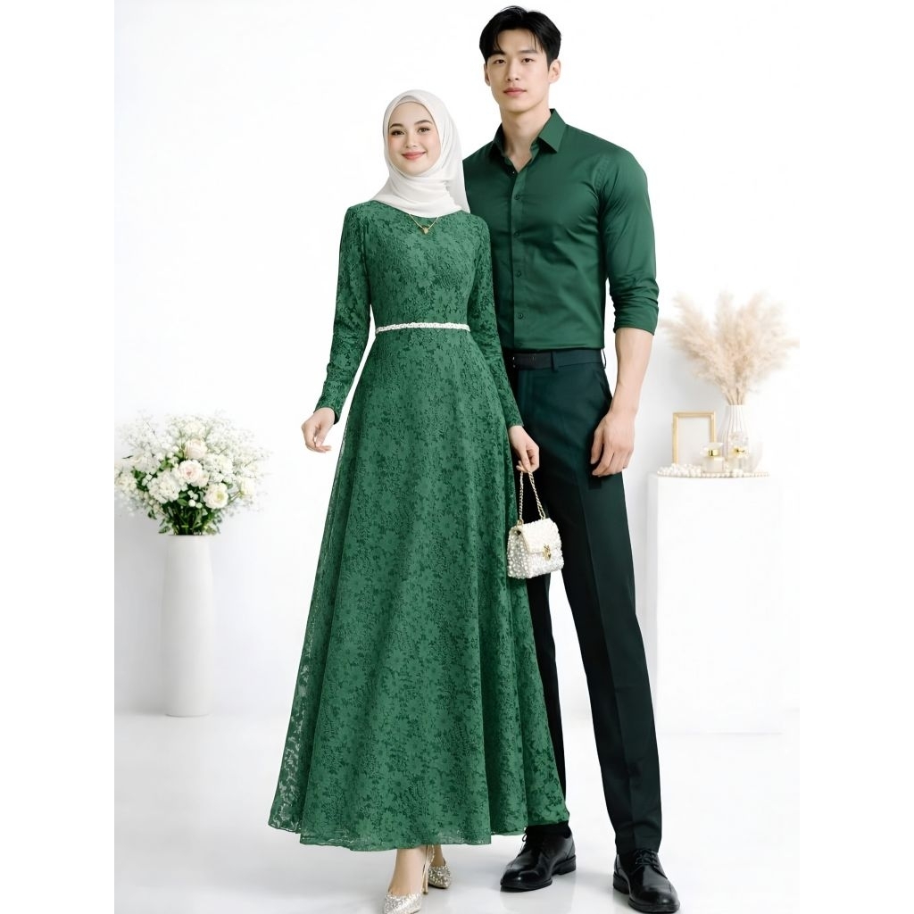 Cp Finda Couple Gamis Brokat Pesta + Kemeja Pria Lengan Panjang Baju Pasangan Muslim Suami Istri Cl