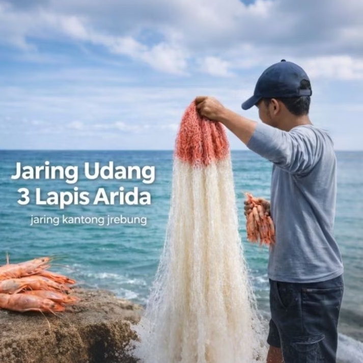 Jaring udang jrebung 3 lapis merek Arida.Bahan full nilon jaring kantong