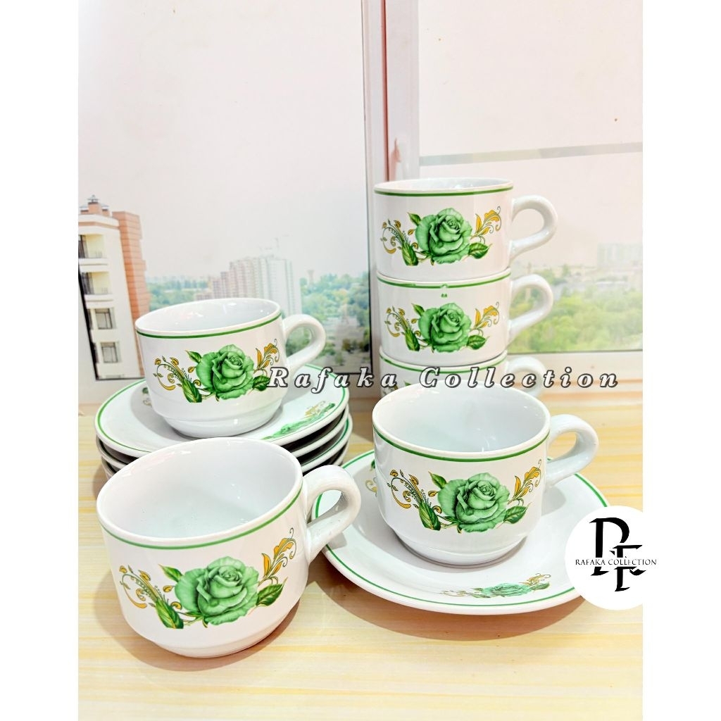 PROMO 1SET GELAS KERAMIK 6GELAS+6TATAKAN-1SET GELAS KERAMIK MEWAH MOTIF MAWAR TERBARU