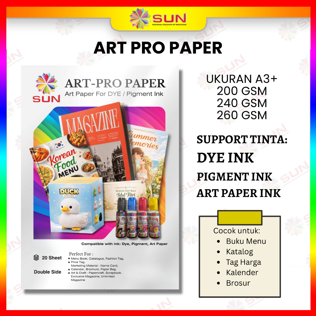 Kertas Art Paper Untuk Tinta Dye - SUN ART PRO PAPER 200, 240, 260 gram A3+ ( Support epson canon hp