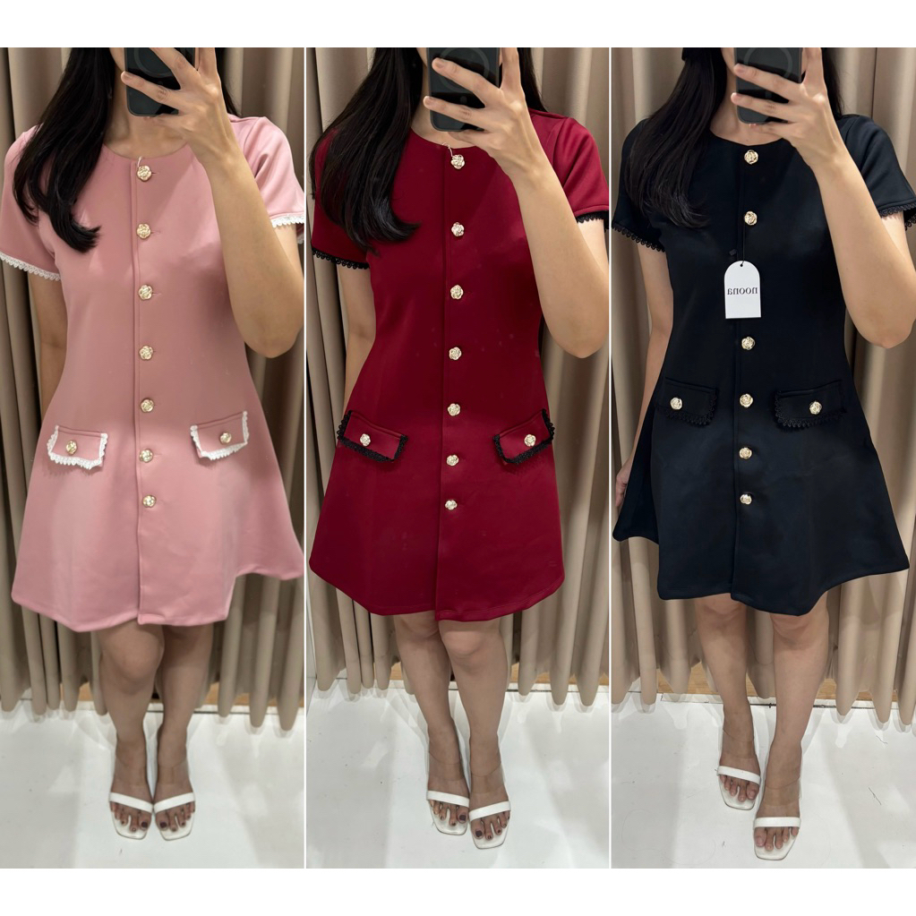 Noona - Mini Dress Gold Button Terusan Scuba Emerald Green