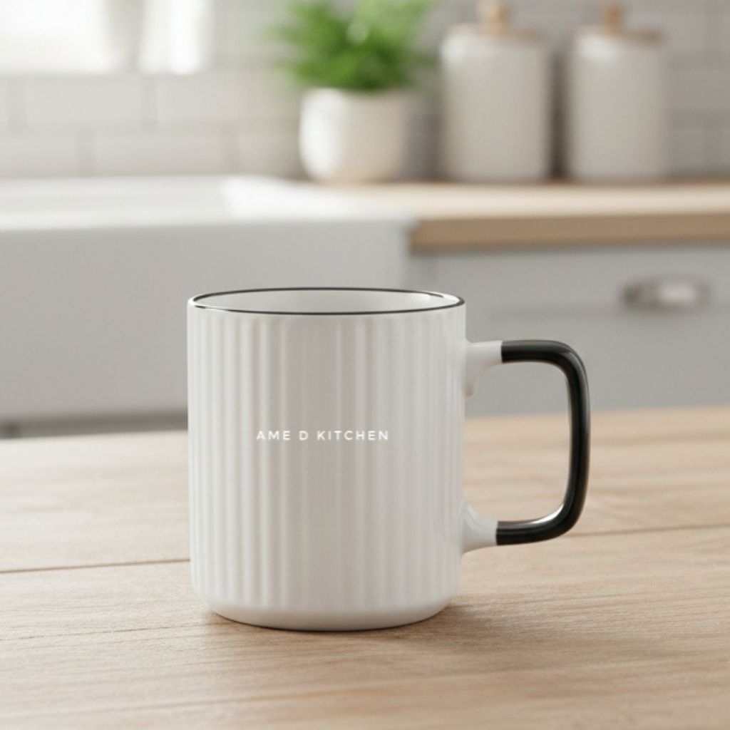 Mug bijian keramik texture garis lis hitam
