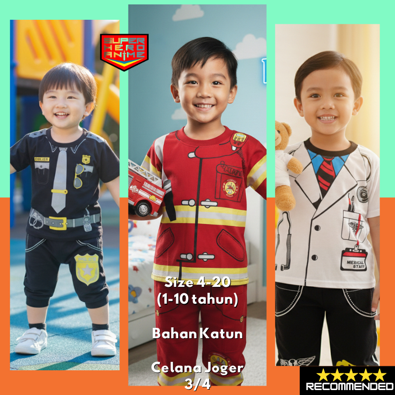 Setelan Profesi Anak 1–10 Tahun | Baju Profesi Anak Laki-laki & Perempuan | Kaos Katun + Celana Joge