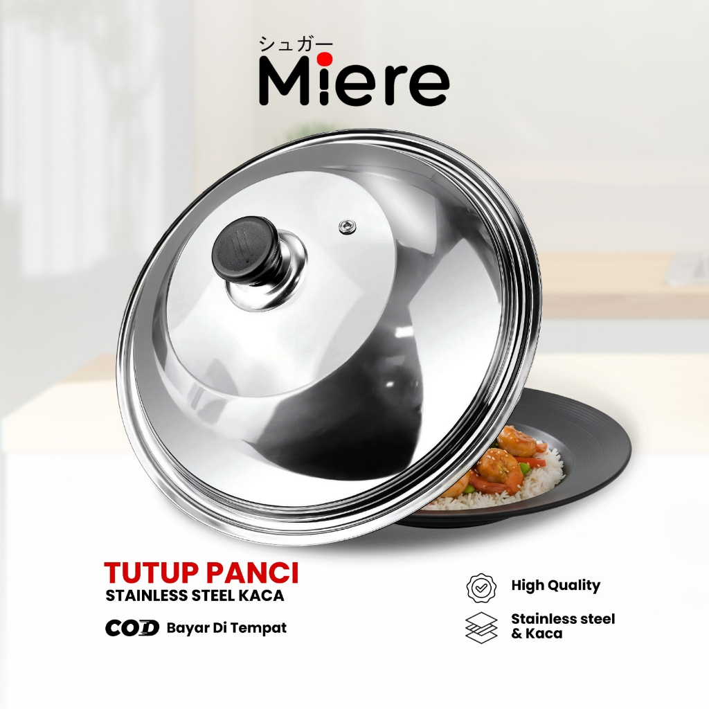 MiereHome Tutup Wajan Kuali Panci Stainless Steel Tebal dengan Kaca Multifungsi 28-44Cm Tutup Wok Pa