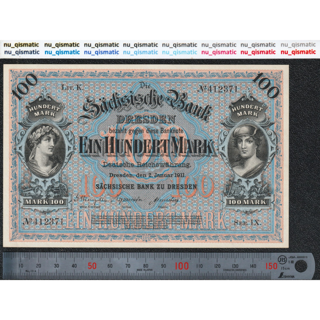Uang LANGKA Jerman 100 Germany 100 Mark, 1911, Grade UNC EPQ Baru Super Gress P# S952b