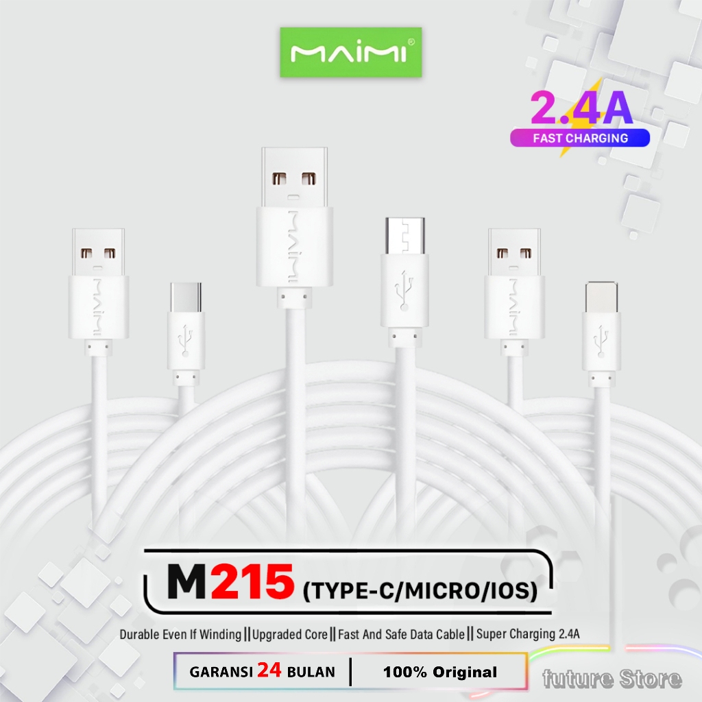 KABEL MAIMI M215-TYPE C-TYPE MICRO-TYPE LIGHTING -1.5A-SINGLE USB-KABEL DATA 2M-WHITE-CHARGING SPEED
