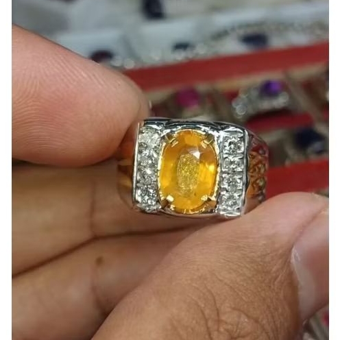 Cincin perak batu yellow shapire (Batu Yakut kuning) Berlian eropha putih