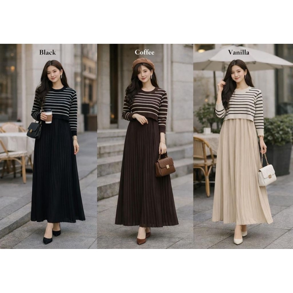 Real pic ORIGINAL dan TERMURAH MIDI Dress set Outer rajut PREMIUM Butik / 2in1 set Dress + Outer Jum